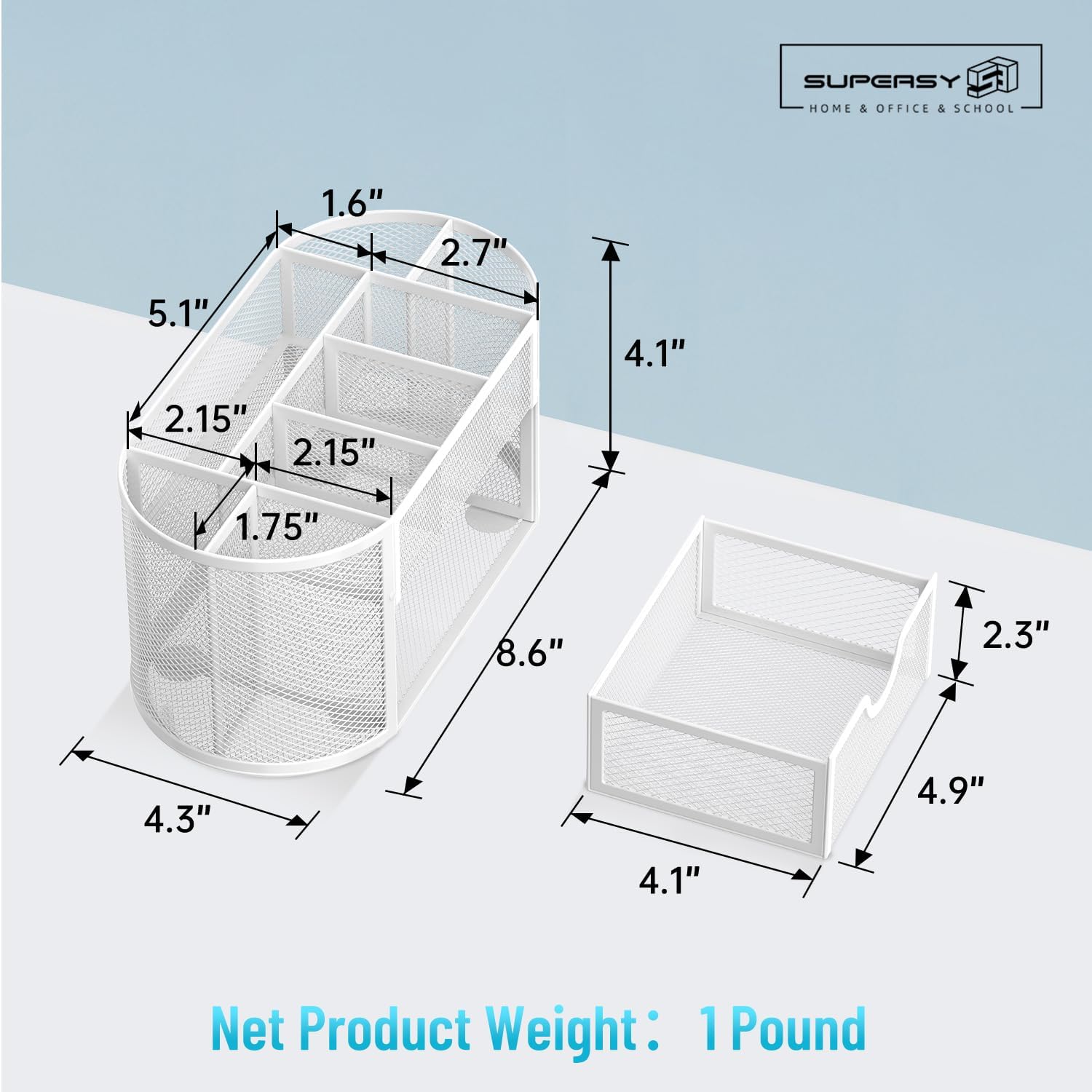 Mesh Desk Organizer, Desk Accessories & Workspace Organizers with Drawers, Pencil Holder for Desk with 9 Compartments for Office Suppliess, 8.6 x 4.3 x 4.1 Inch, White