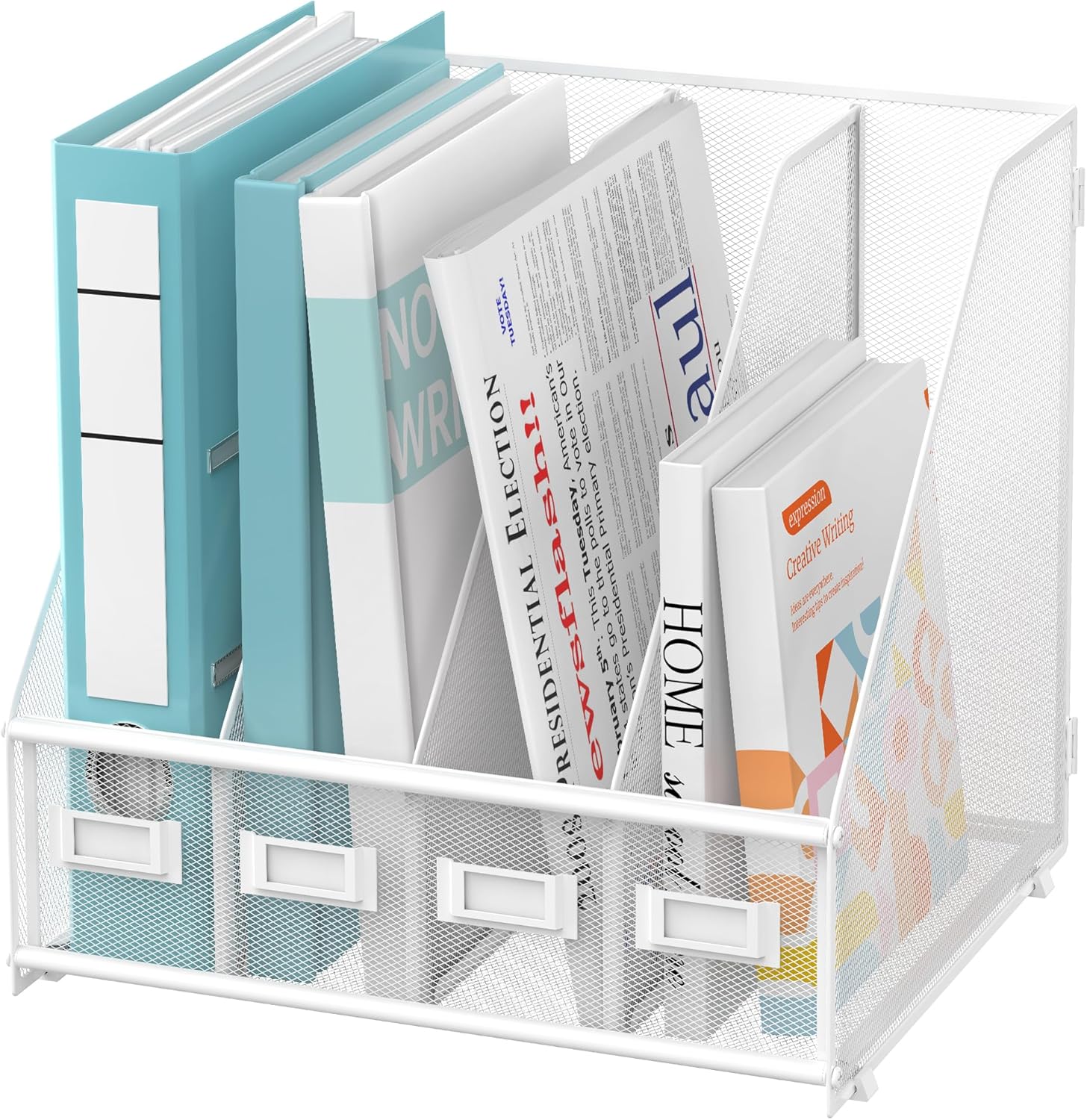 Magazine File Holder, Binder Holder Metal Desk Organizer with 4 Rack Compartments, File Organizer for Office Home School, White Plus