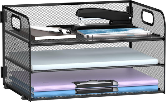 3 Tier Paper Organizer with Handle, Mesh Desk Organizer Letter Tray, Paper Tray File Organizer for A4 File Folder, Black