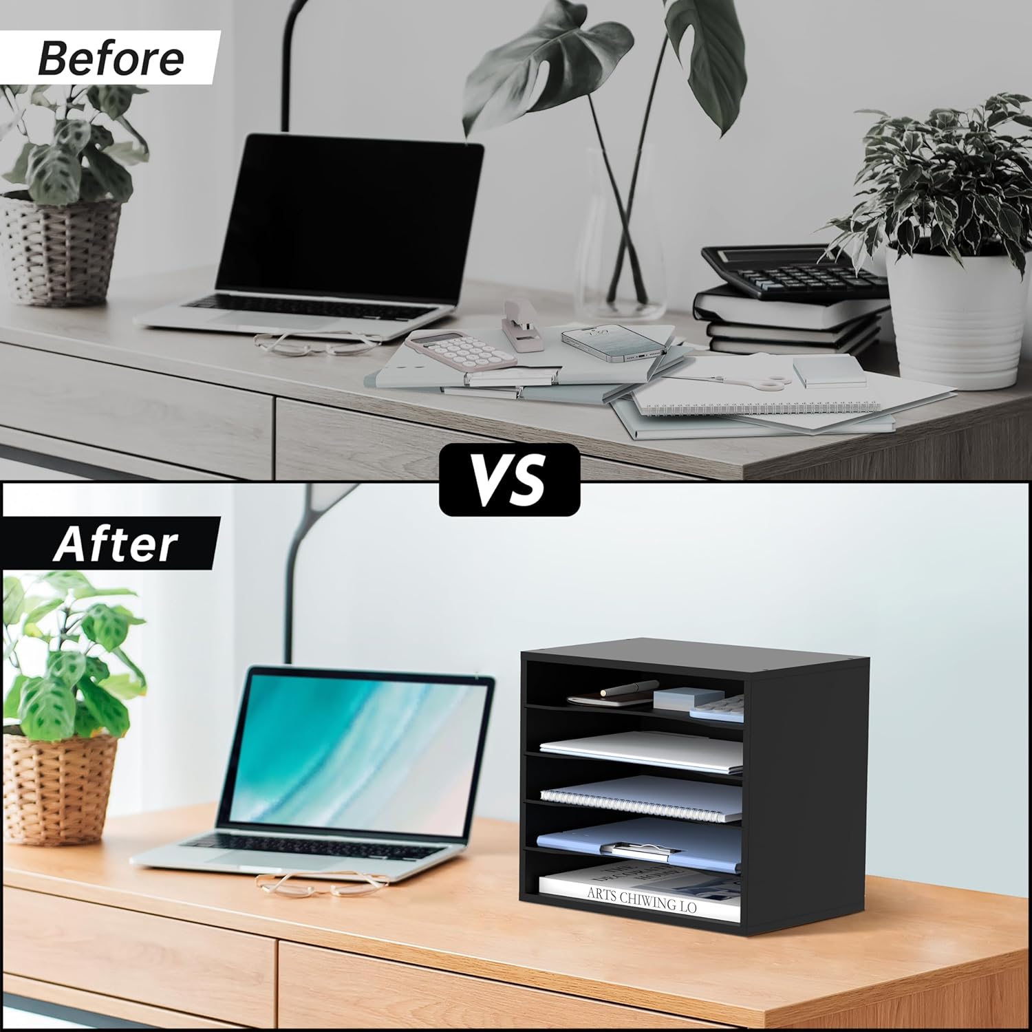 Wood Desk Organizer, 5 Tier Paper File Organizer for Desk, Wooden Desktop Organizer, Paper Letter Literature Mail Sorter, for Office School & Home Organization, Black