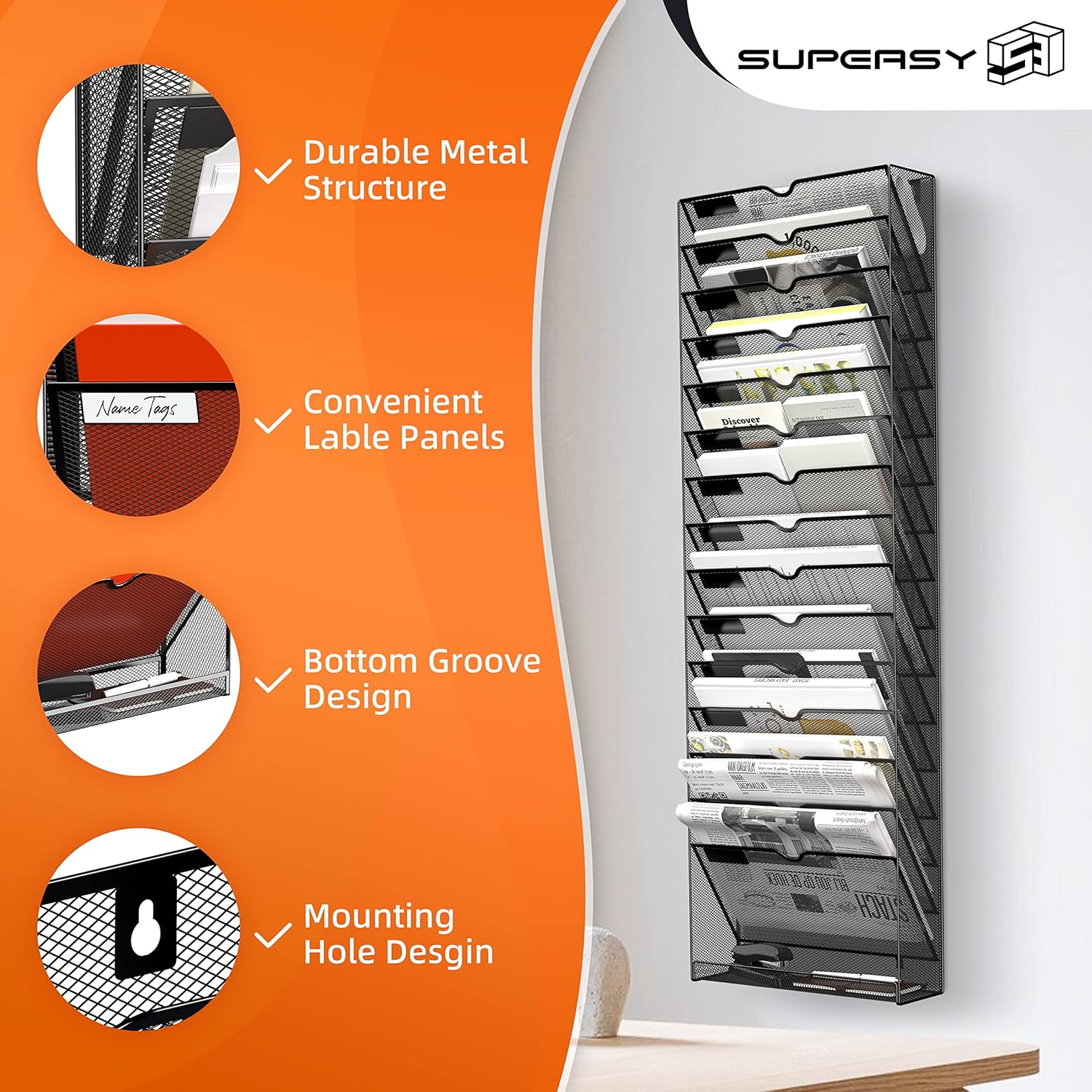 16-Tier Hanging Wall File Holder Organizer for Papers, Folders, Files Clipboard & Magazine Organization Great for Office Home, Black