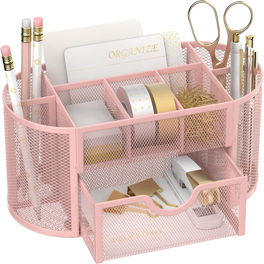 Mesh Desk Organizer, Desk Accessories & Workspace Organizers with Drawers, Pencil Holder for Desk with 9 Compartments for Office Suppliess, 8.6 x 4.3 x 4.1 Inch, Pink