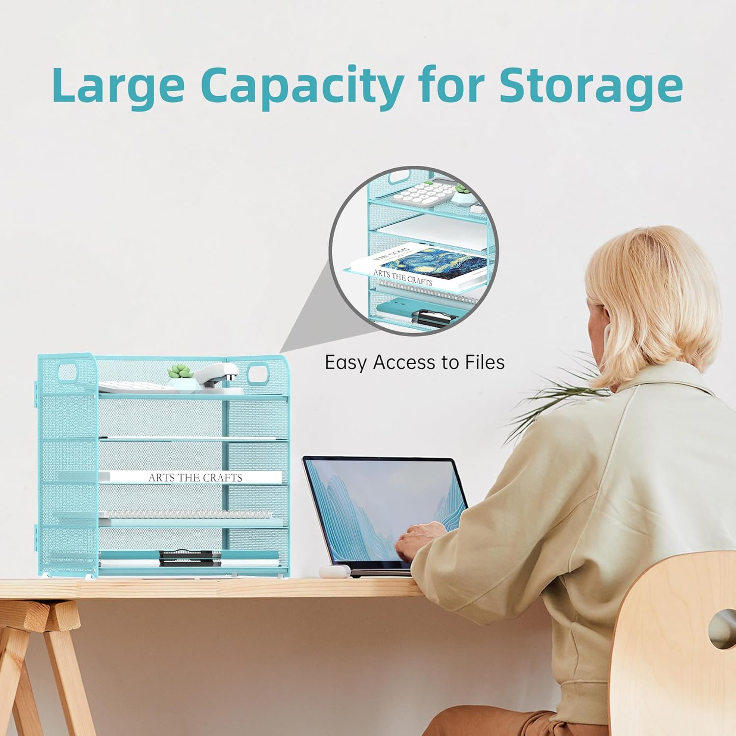 5 Trays Paper Organizer Letter Tray with Handle-Mesh Desk File Organizer, Paper Sorter Desk Organizer for Office, Home or School (Light Blue)