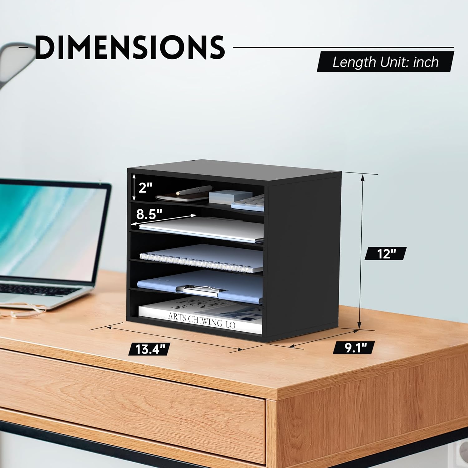 Wood Desk Organizer, 5 Tier Paper File Organizer for Desk, Wooden Desktop Organizer, Paper Letter Literature Mail Sorter, for Office School & Home Organization, Black