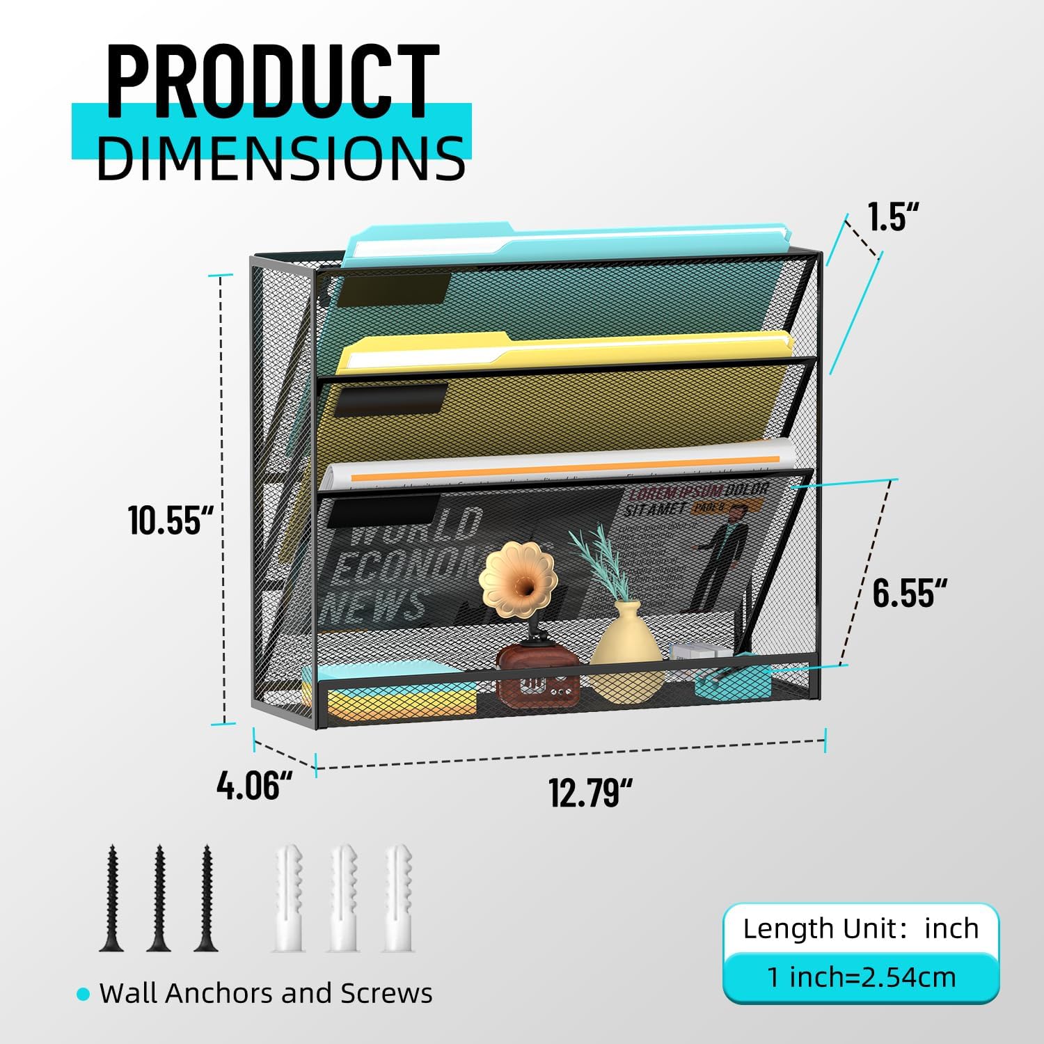 4-Tier Wall File Organizer Mesh Office Mail Holder, Hanging Wall Organizer Magazine Rack for Office Black