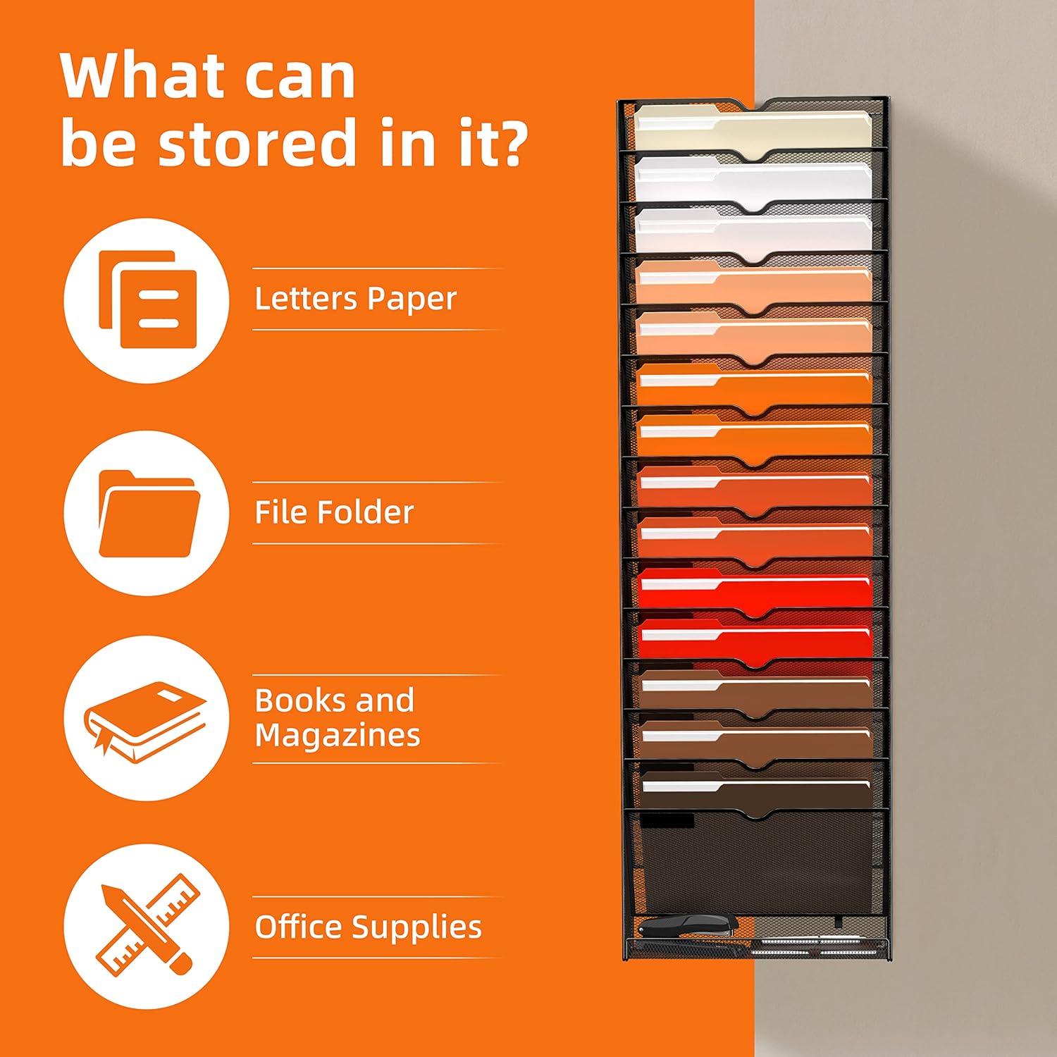 16-Tier Hanging Wall File Holder Organizer for Papers, Folders, Files Clipboard & Magazine Organization Great for Office Home, Black