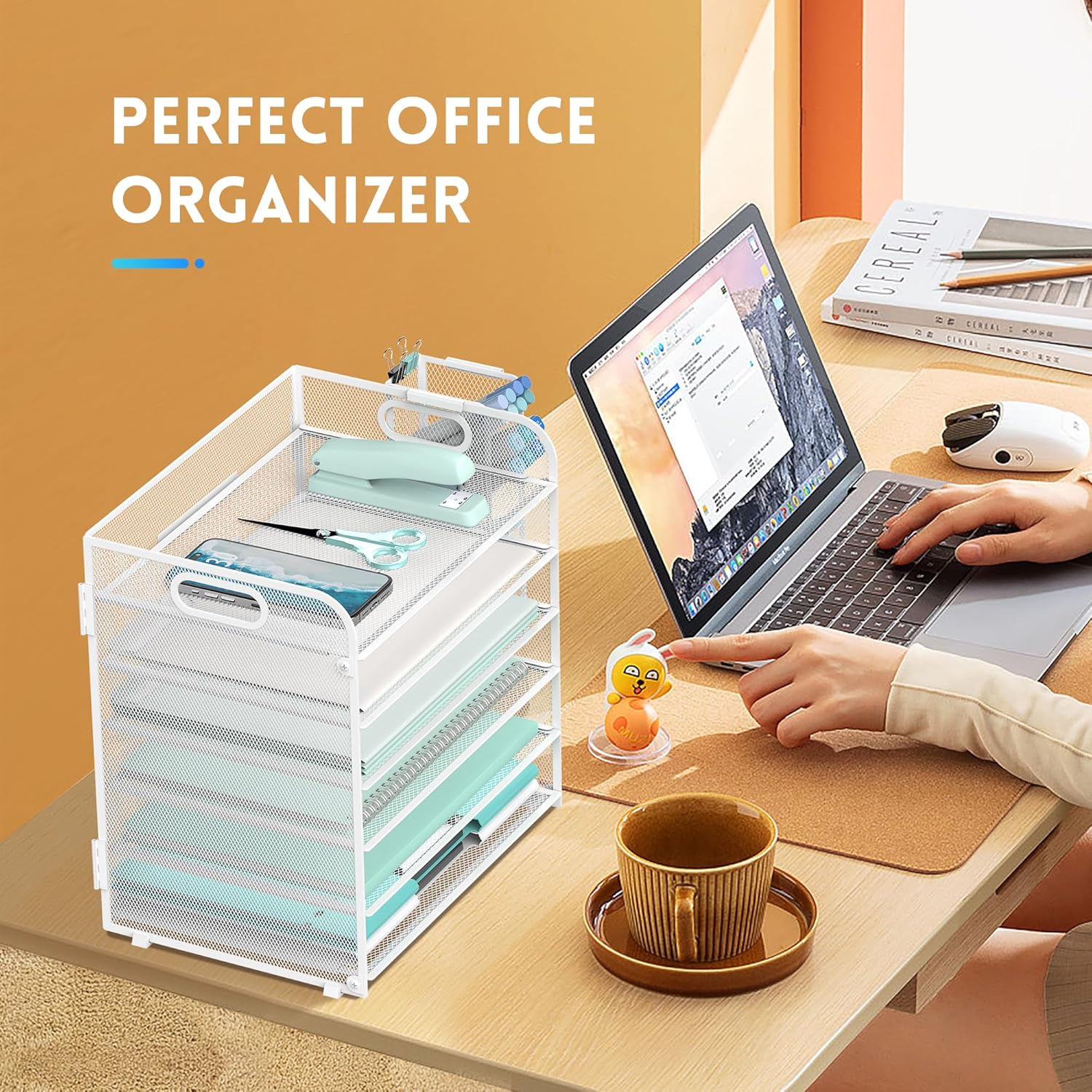 6 Tier Paper Organizer with 4 Pen Holders, Mesh Letter Tray with Handle, Paper Tray Organizer for A4 Files, White