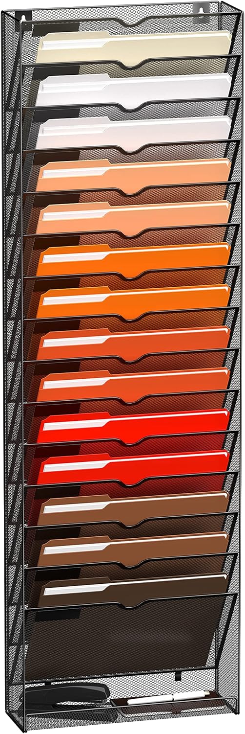 16-Tier Hanging Wall File Holder Organizer for Papers, Folders, Files Clipboard & Magazine Organization Great for Office Home, Black