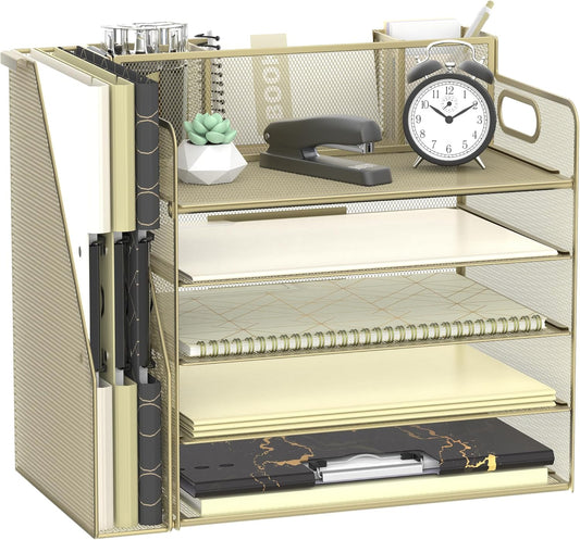 Desk Organizer with File Holder, 5 Tier Desktop File Organizer with 3 Pen Holders, Paper Letter Tray for Office Home Organization & Storage, Mesh Desk Accessories & Supplies, Golden Yellow