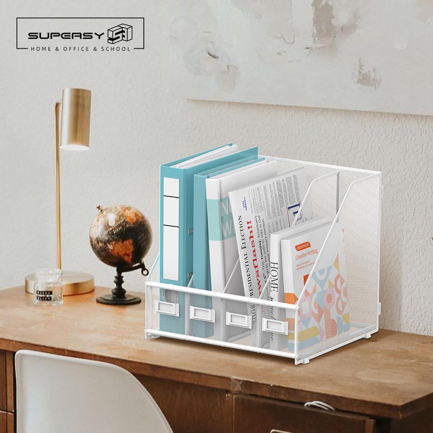 Magazine File Holder, Binder Holder Metal Desk Organizer with 4 Rack Compartments, File Organizer for Office Home School, White Plus