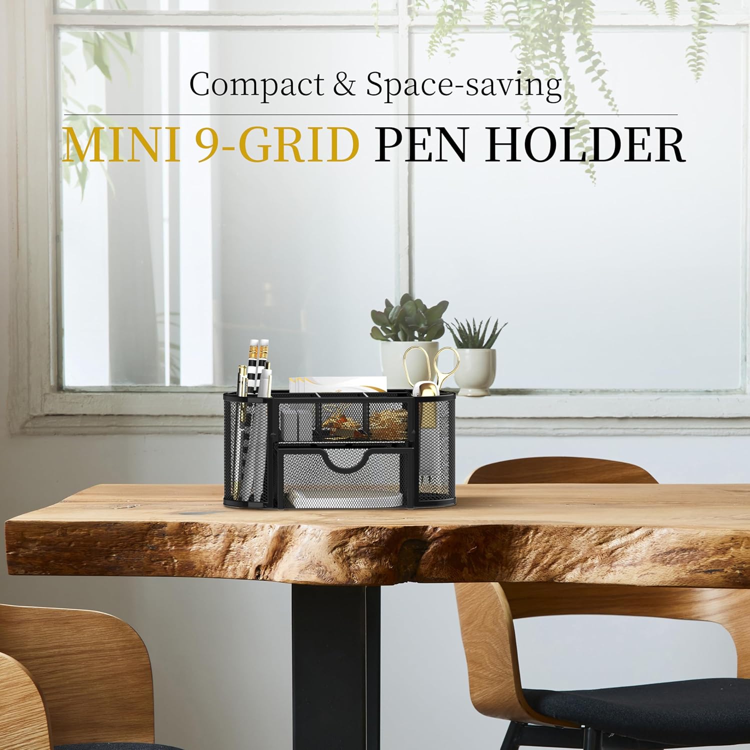 Mesh Desk Organizer, Desk Accessories & Workspace Organizers with Drawers, Pencil Holder for Desk with 9 Compartments for Office Supplies, 8.6 x 4.3 x 4.1 Inch, Black