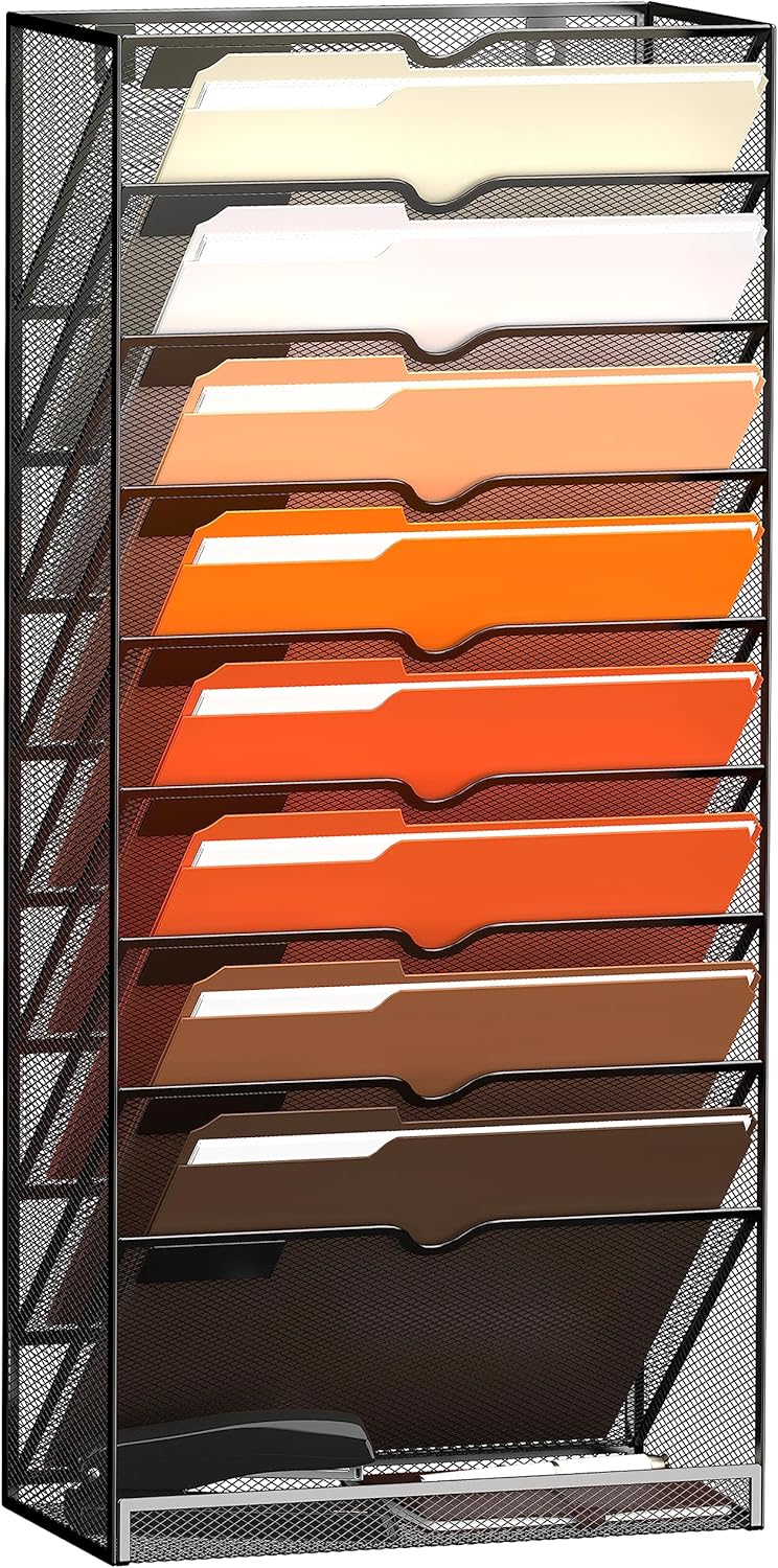 10-Tier Hanging Wall File Holder Organizer for Papers, Folders, Files Clipboard & Magazine Organization Great for Office Home, Black