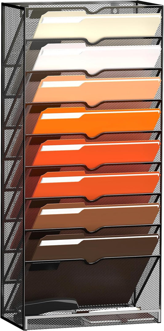 10-Tier Hanging Wall File Holder Organizer for Papers, Folders, Files Clipboard & Magazine Organization Great for Office Home, Black