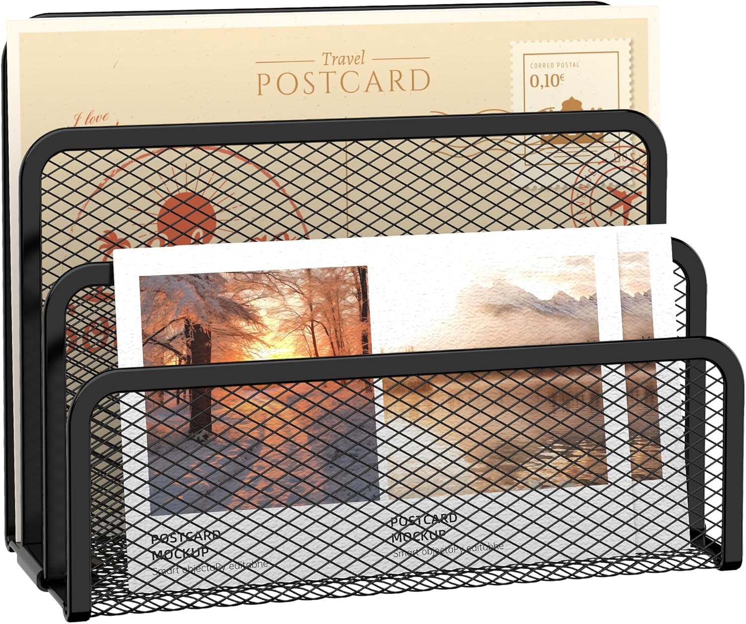 Mail Organizer for Desk, Mesh Metal Mail Holder Countertop with 3-Slot, Letter Sorter File Holder, Office Envelope Organizer for Mails (Black)