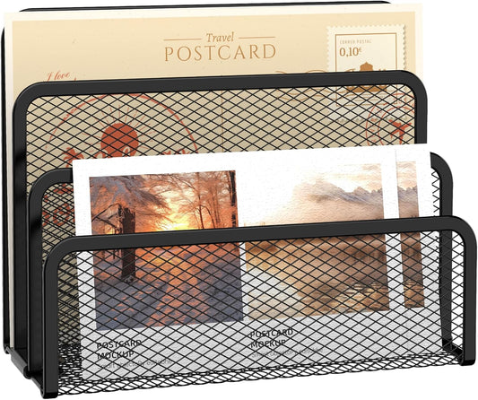Mail Organizer for Desk, Mesh Metal Mail Holder Countertop with 3-Slot, Letter Sorter File Holder, Office Envelope Organizer for Mails (Black)
