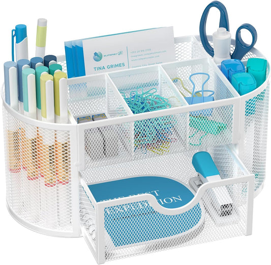 Mesh Desk Organizer, Desk Accessories & Workspace Organizers with Drawers, Pencil Holder for Desk with 9 Compartments for Office Suppliess, 8.6 x 4.3 x 4.1 Inch, White