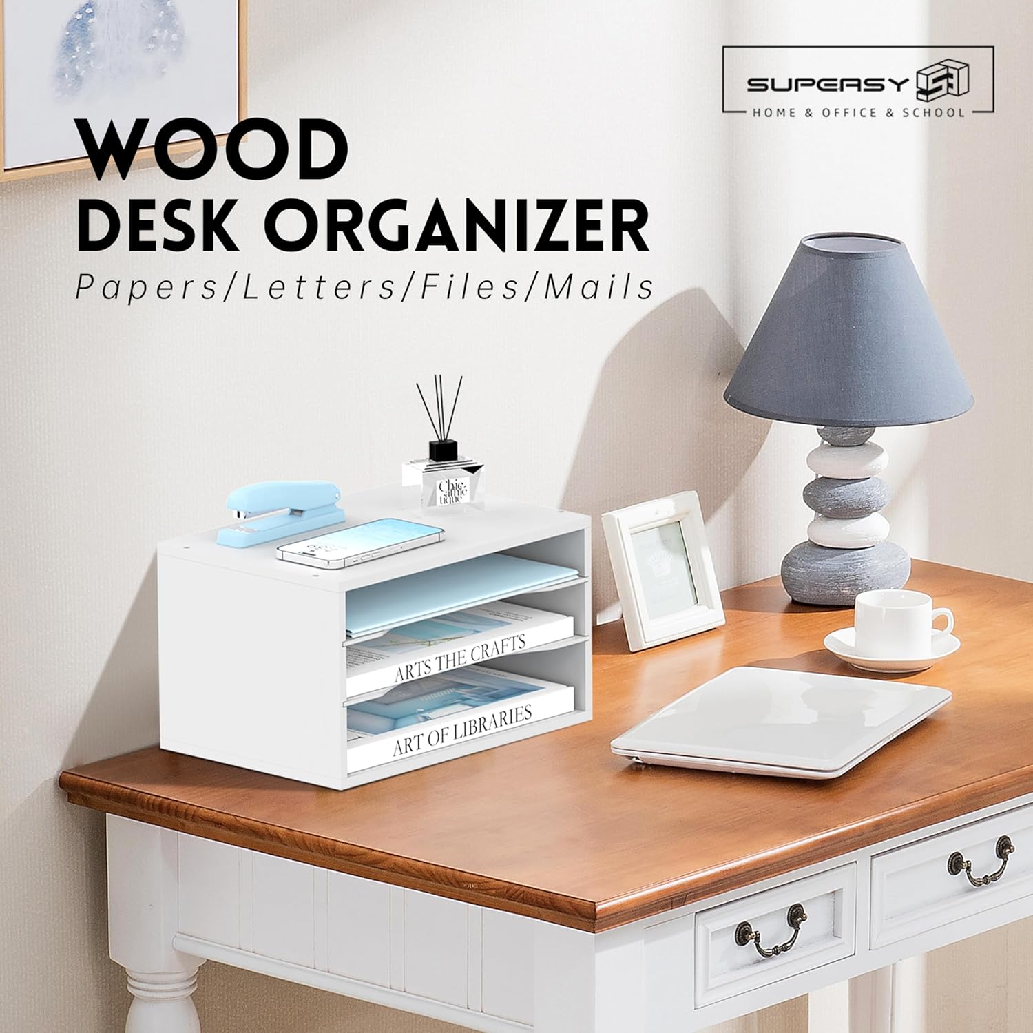 Wood Desk Organizer, 3 Tier Paper File Organizer for Desk, Wooden Desktop Organizer, Paper Letter Literature Mail Sorter, for Office School & Home Organization, White
