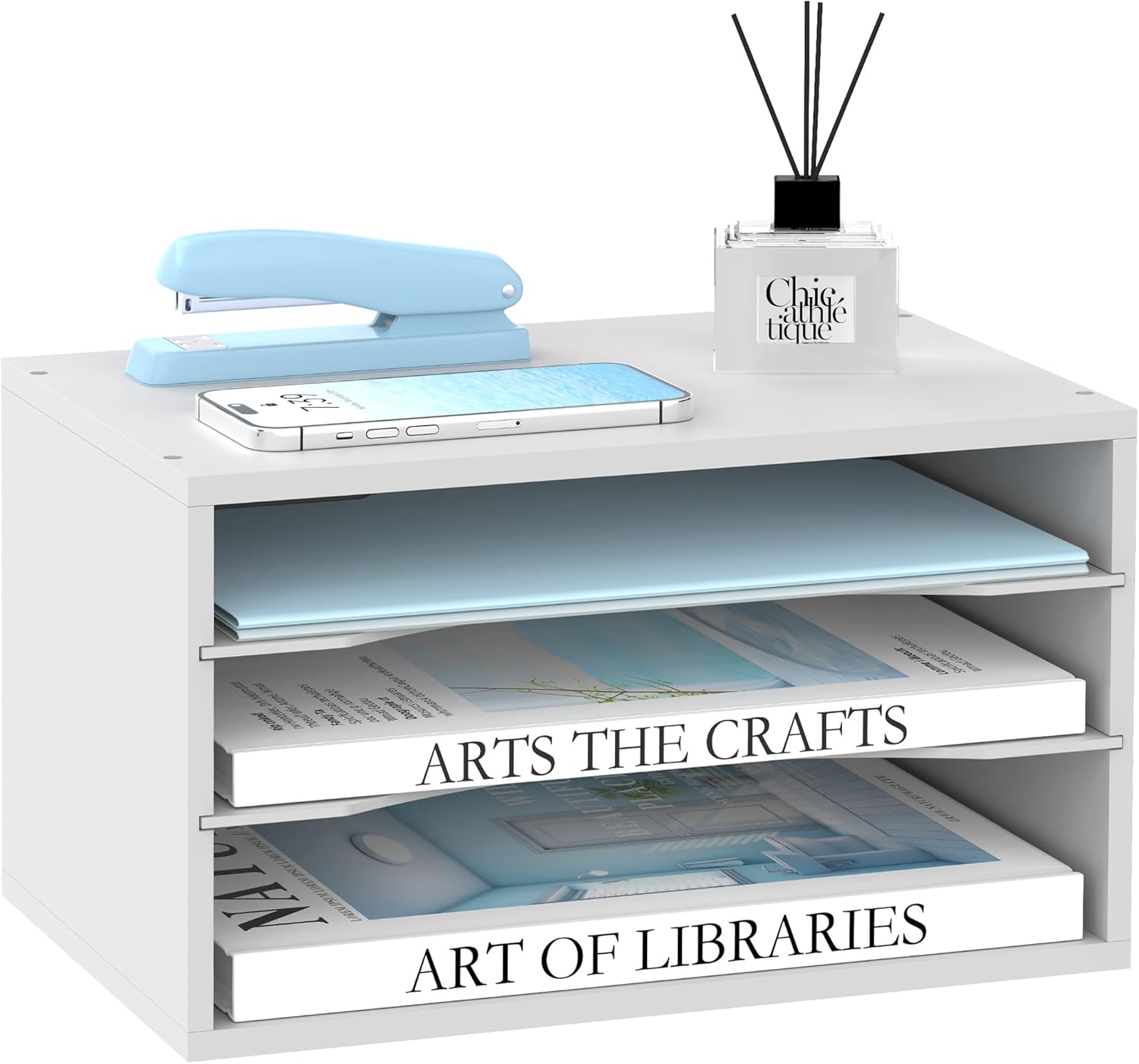 Wood Desk Organizer, 3 Tier Paper File Organizer for Desk, Wooden Desktop Organizer, Paper Letter Literature Mail Sorter, for Office School & Home Organization, White