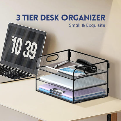3 Tier Paper Organizer with Handle, Mesh Desk Organizer Letter Tray, Paper Tray File Organizer for A4 File Folder, Black