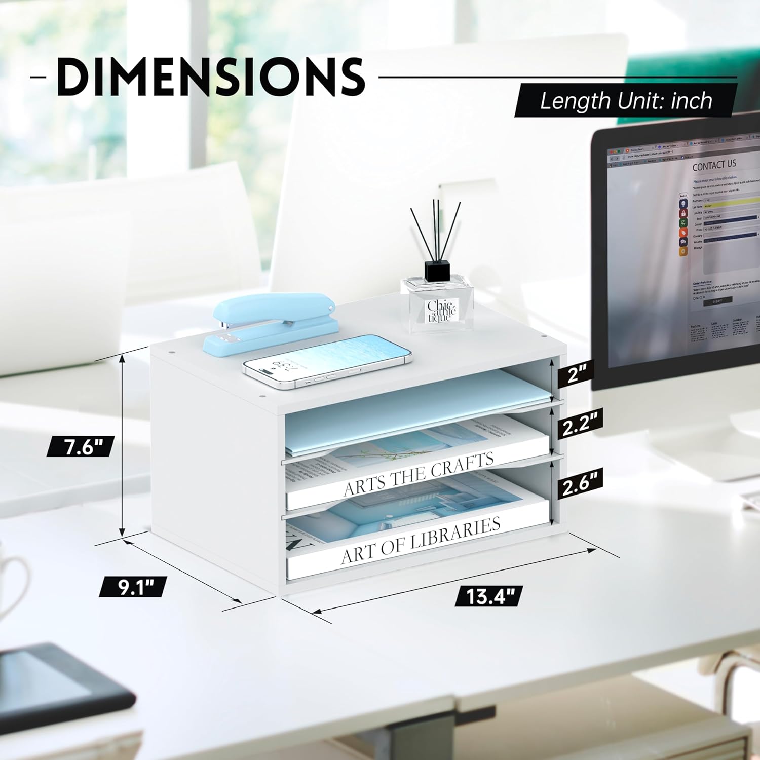 Wood Desk Organizer, 3 Tier Paper File Organizer for Desk, Wooden Desktop Organizer, Paper Letter Literature Mail Sorter, for Office School &amp; Home Organization, White