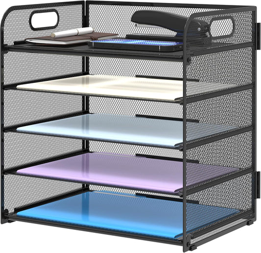 5 Trays Paper Organizer Letter Tray with Handle-Mesh Desk File Organizer, Paper Sorter Desk Organizer for Office, Home or School