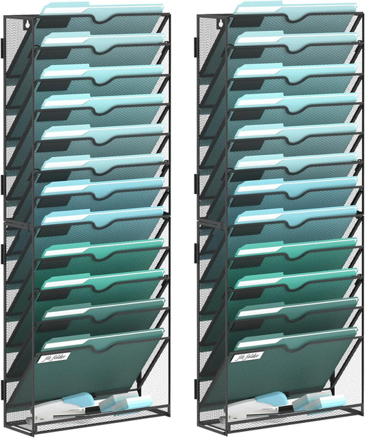 13-Tier Wall File Organizer, Hanging Wall Files for Papers, Folders, Magazines, Wall Organizer for Clipboard, Assembly Needed, Black, 2 Pack