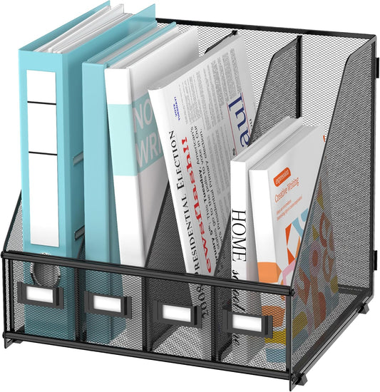 Magazine File Holder, Binder Holder Metal Desk Organizer with 4 Rack Compartments, File Organizer for Office Home School, Black Plus