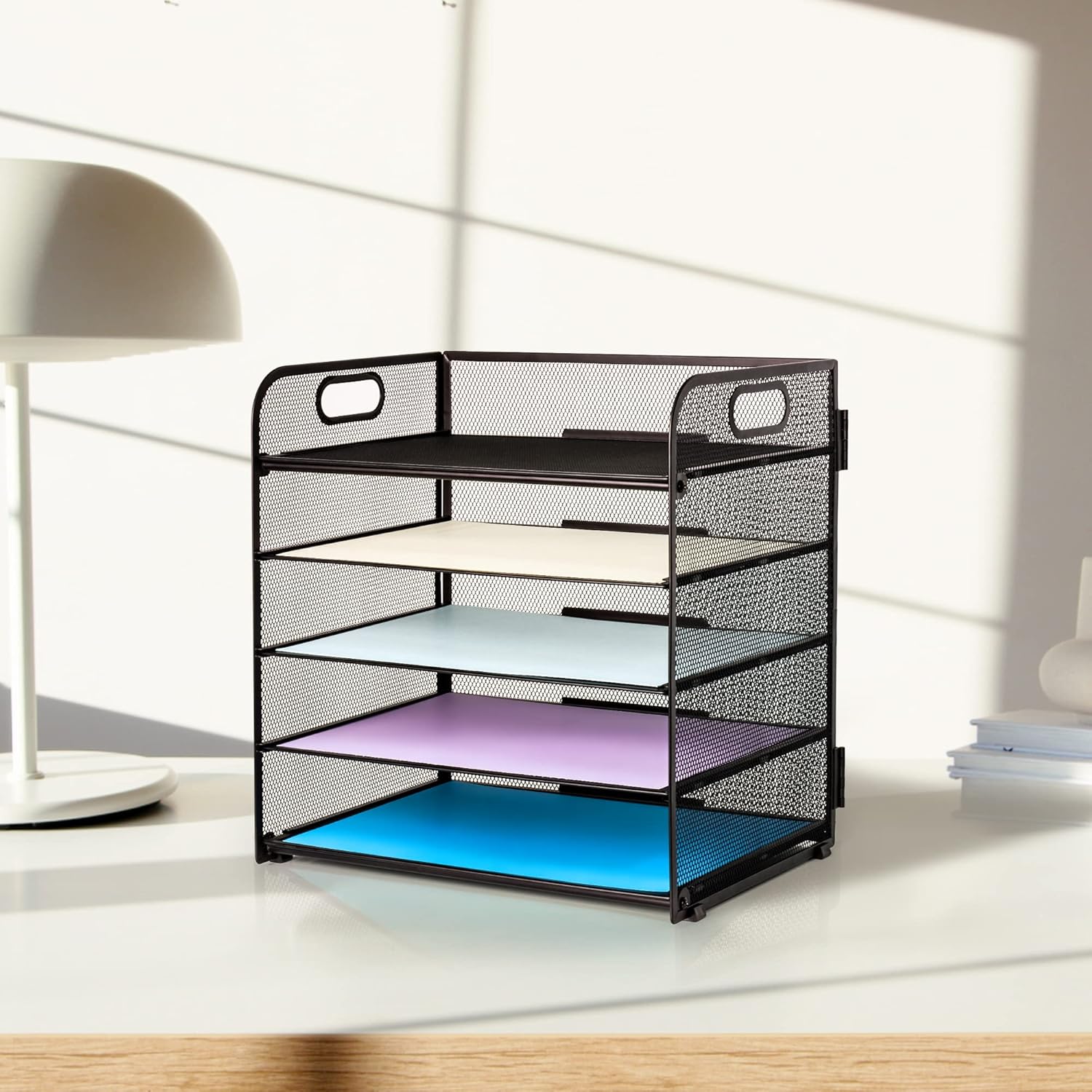 5 Trays Paper Organizer Letter Tray with Handle-Mesh Desk File Organizer, Paper Sorter Desk Organizer for Office, Home or School
