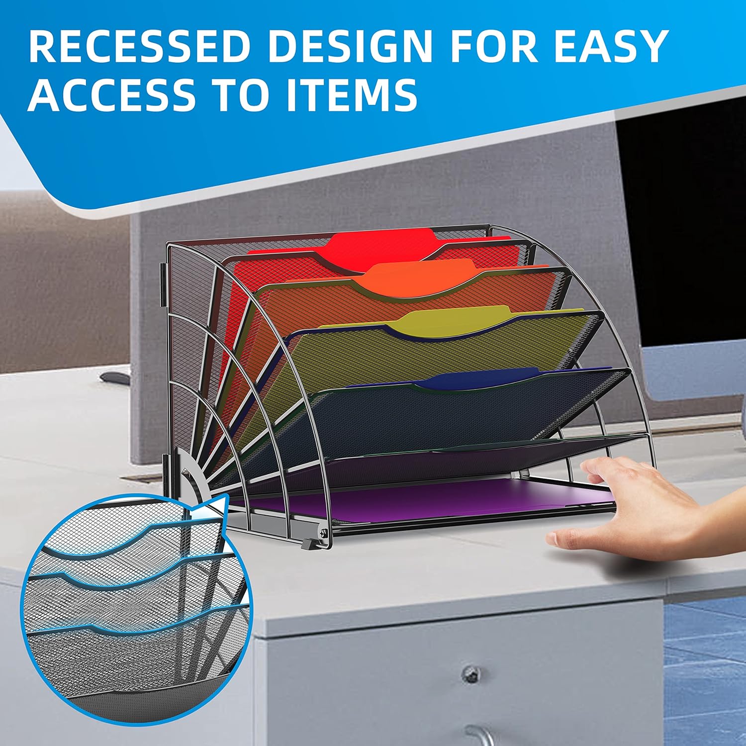 Fan Shaped Desk File Organizer, 6 Compartments for Filing Paper Bills, Letters, Desk Accessories for Workspace, School, Office, Waiting Room, Classroom Storage, Black