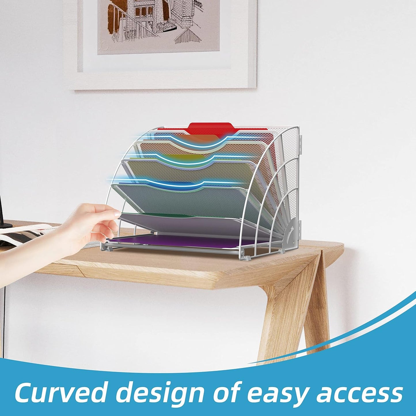Fan Shaped Desk File Organizer, 6 Compartments for Filing Paper Bills, Letters, Desk Accessories for Workspace, School, Office, Waiting Room, Classroom Storage, White