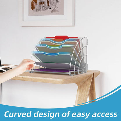 Fan Shaped Desk File Organizer, 6 Compartments for Filing Paper Bills, Letters, Desk Accessories for Workspace, School, Office, Waiting Room, Classroom Storage, White