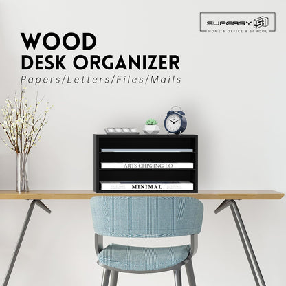 Wooden Desk Organizer - 3 Tier Paper File Organizer for Office, School &amp; Home, Black
