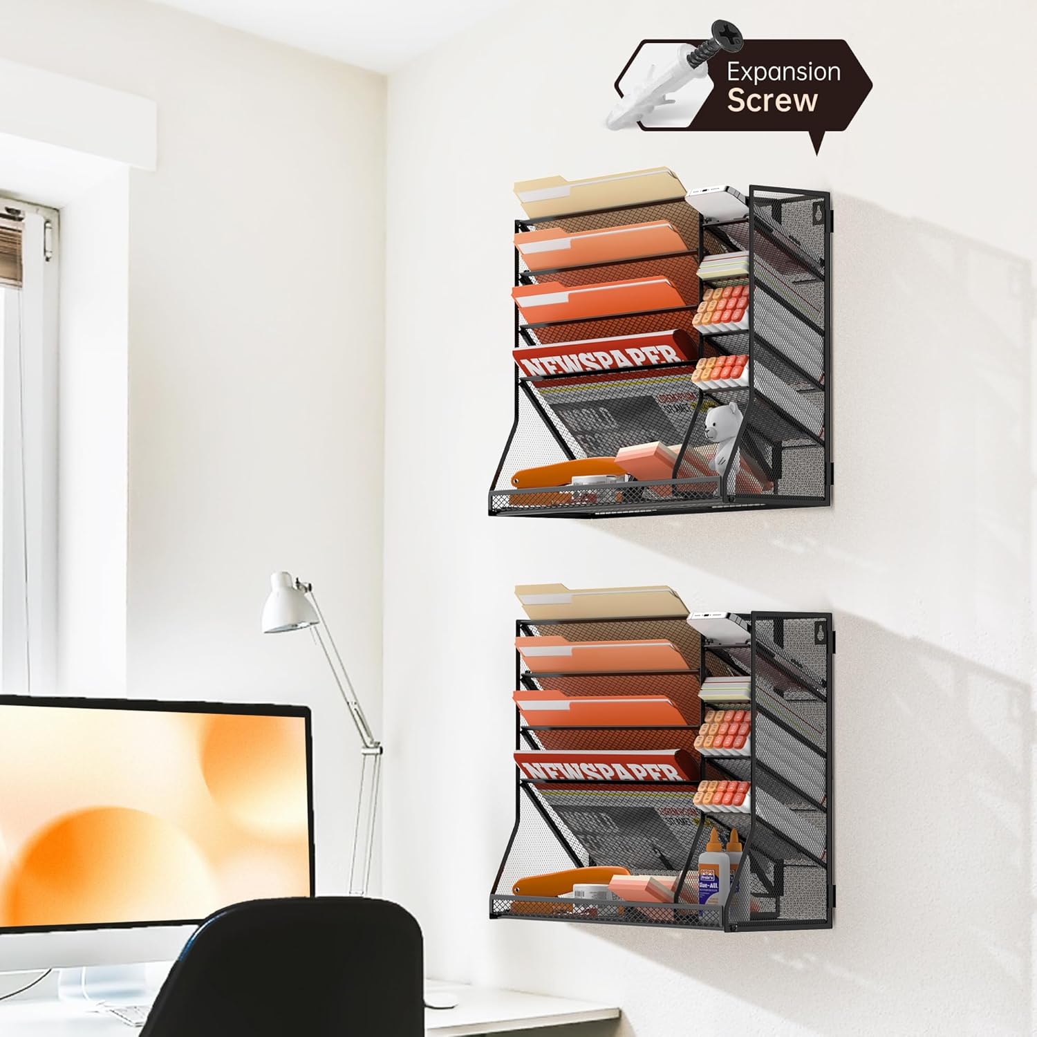 Wall File Organizer, 5-Tier Desk Organizer with 4 Pen Holders, Wall Organizer for Office with R-shaped Bottom Tray, Desk Organizers and Accessories for Office Supplies, Black