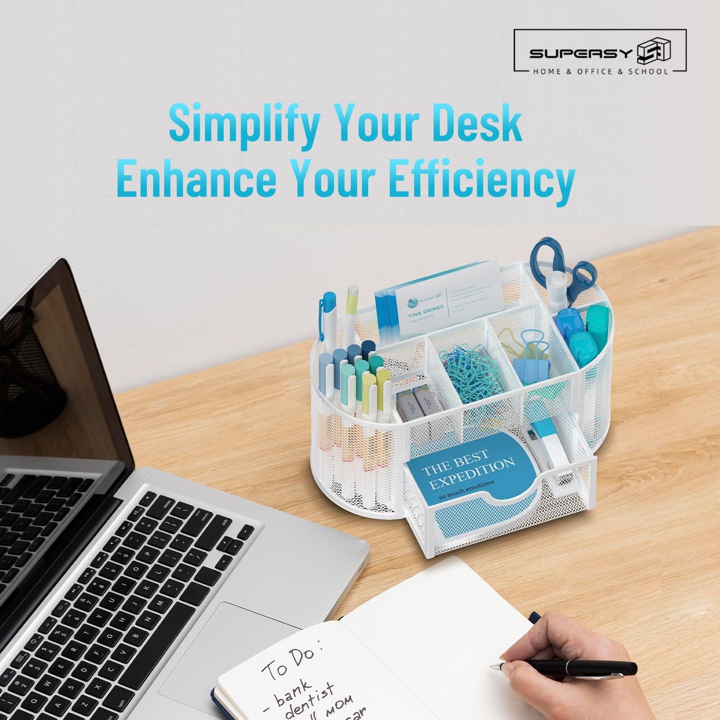 Mesh Desk Organizer, Desk Accessories &amp; Workspace Organizers with Drawers, Pencil Holder for Desk with 9 Compartments for Office Suppliess, 8.6 x 4.3 x 4.1 Inch, White