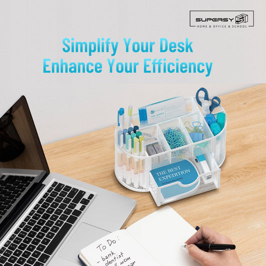 Mesh Desk Organizer, Desk Accessories &amp; Workspace Organizers with Drawers, Pencil Holder for Desk with 9 Compartments for Office Suppliess, 8.6 x 4.3 x 4.1 Inch, White