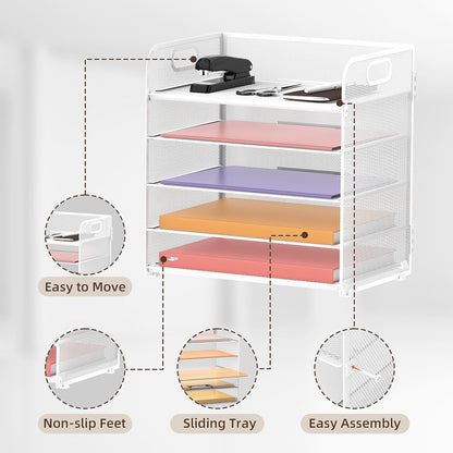 5 Trays Paper Organizer Letter Tray with Handle-Mesh Desk File Organizer, Paper Sorter Desk Organizer for Office, Home or School