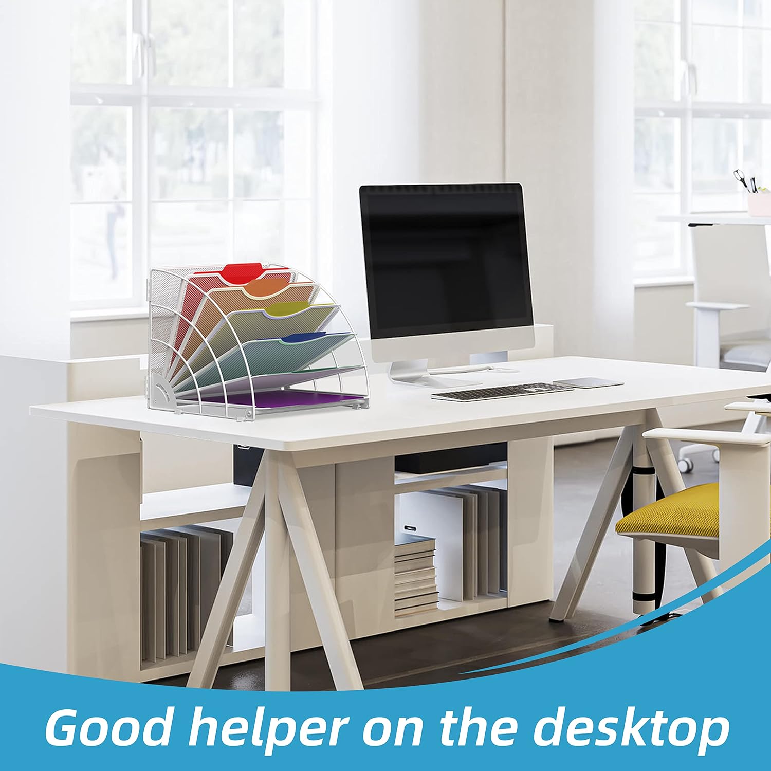 Fan Shaped Desk File Organizer, 6 Compartments for Filing Paper Bills, Letters, Desk Accessories for Workspace, School, Office, Waiting Room, Classroom Storage, White