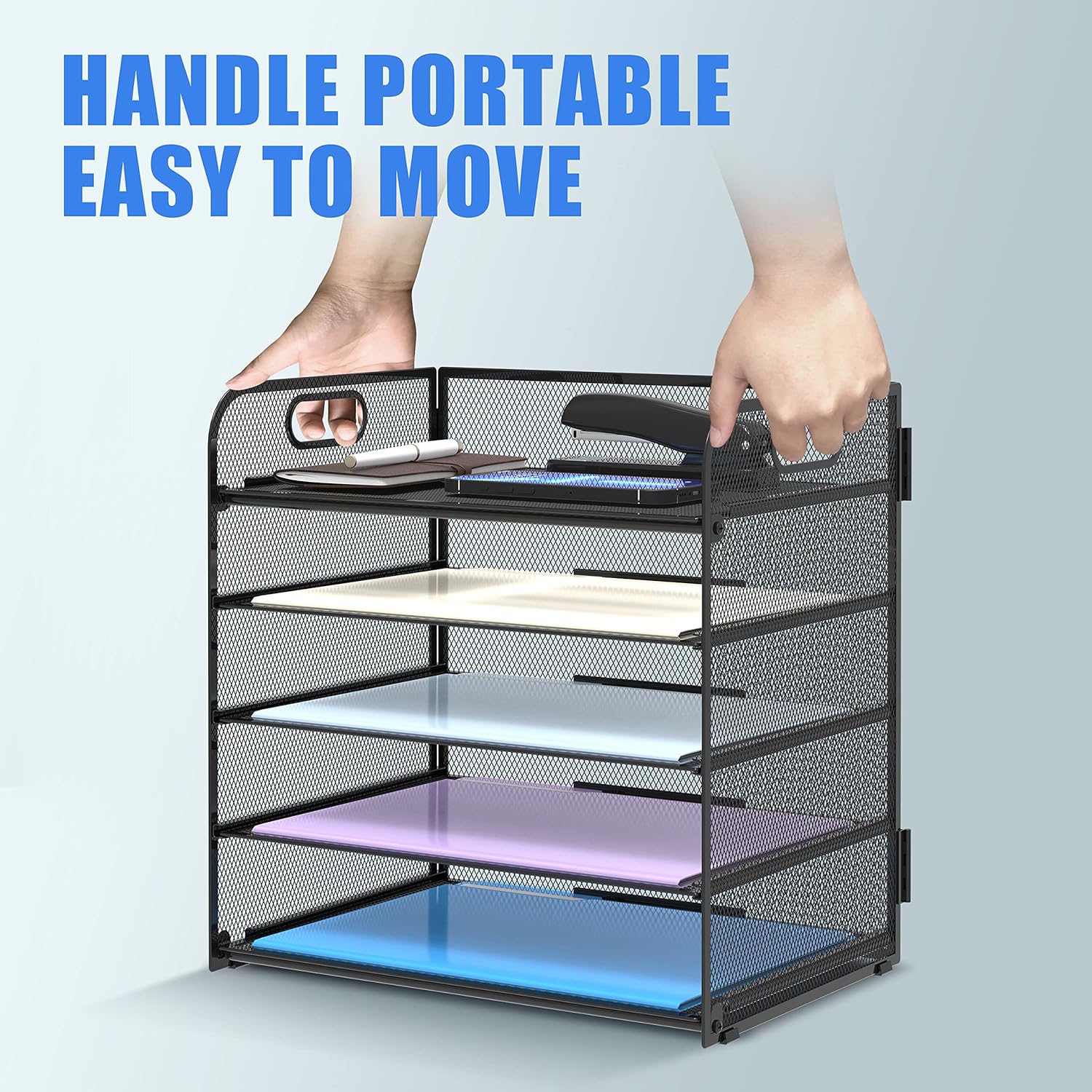 5 Trays Paper Organizer Letter Tray with Handle-Mesh Desk File Organizer, Paper Sorter Desk Organizer for Office, Home or School