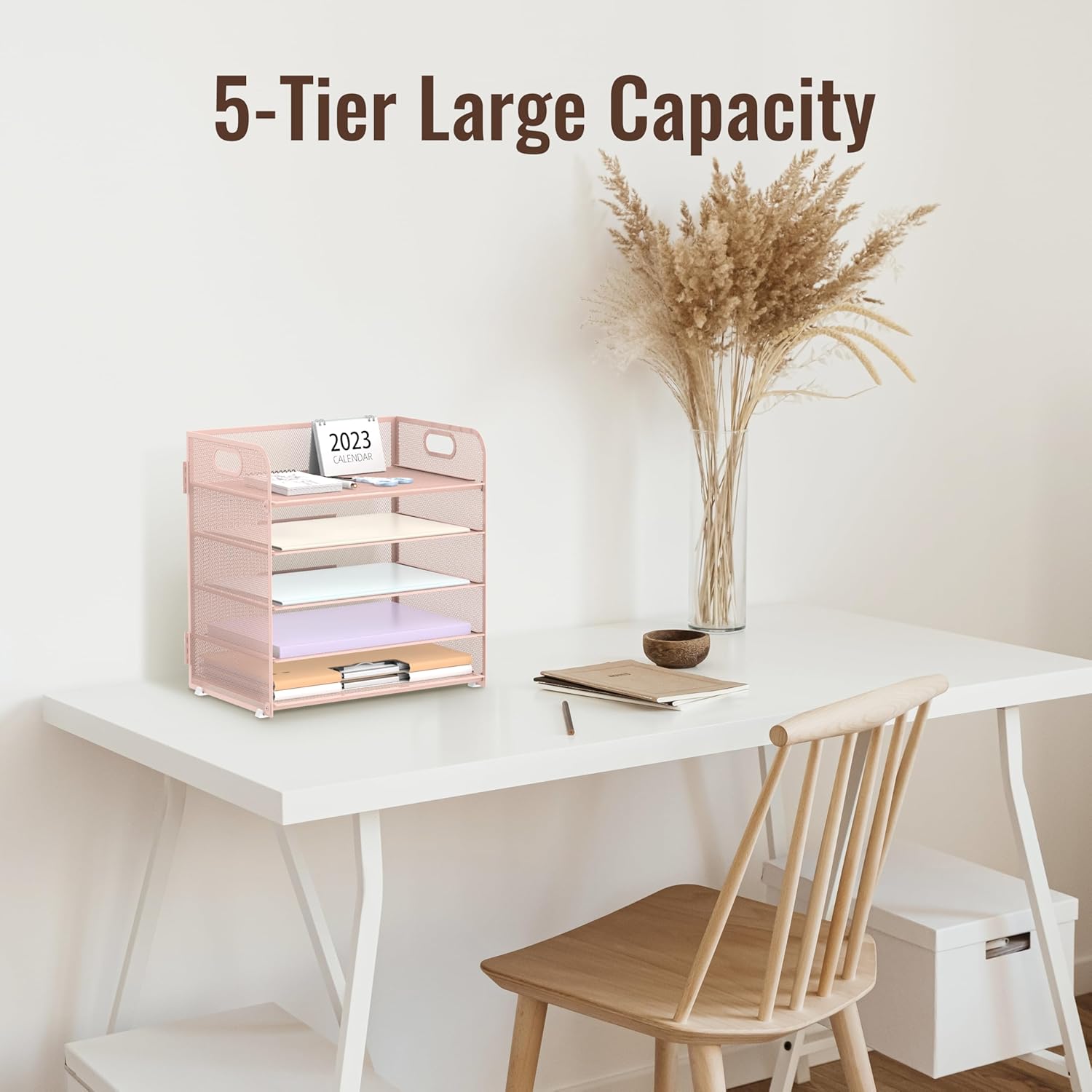 5 Trays Paper Organizer Letter Tray with Handle-Mesh Desk File Organizer, Paper Sorter Desk Organizer for Office, Home or School