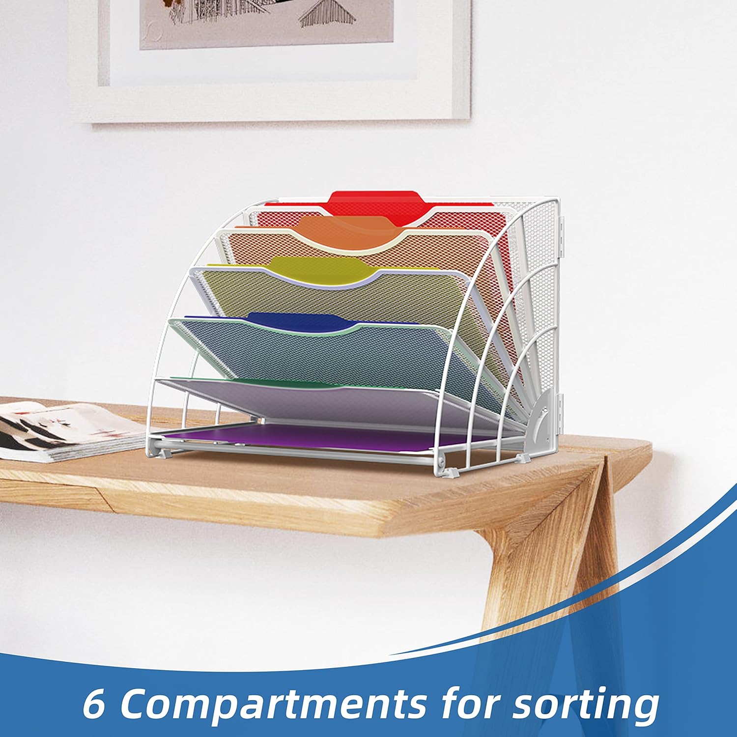 Fan Shaped Desk File Organizer, 6 Compartments for Filing Paper Bills, Letters, Desk Accessories for Workspace, School, Office, Waiting Room, Classroom Storage, White
