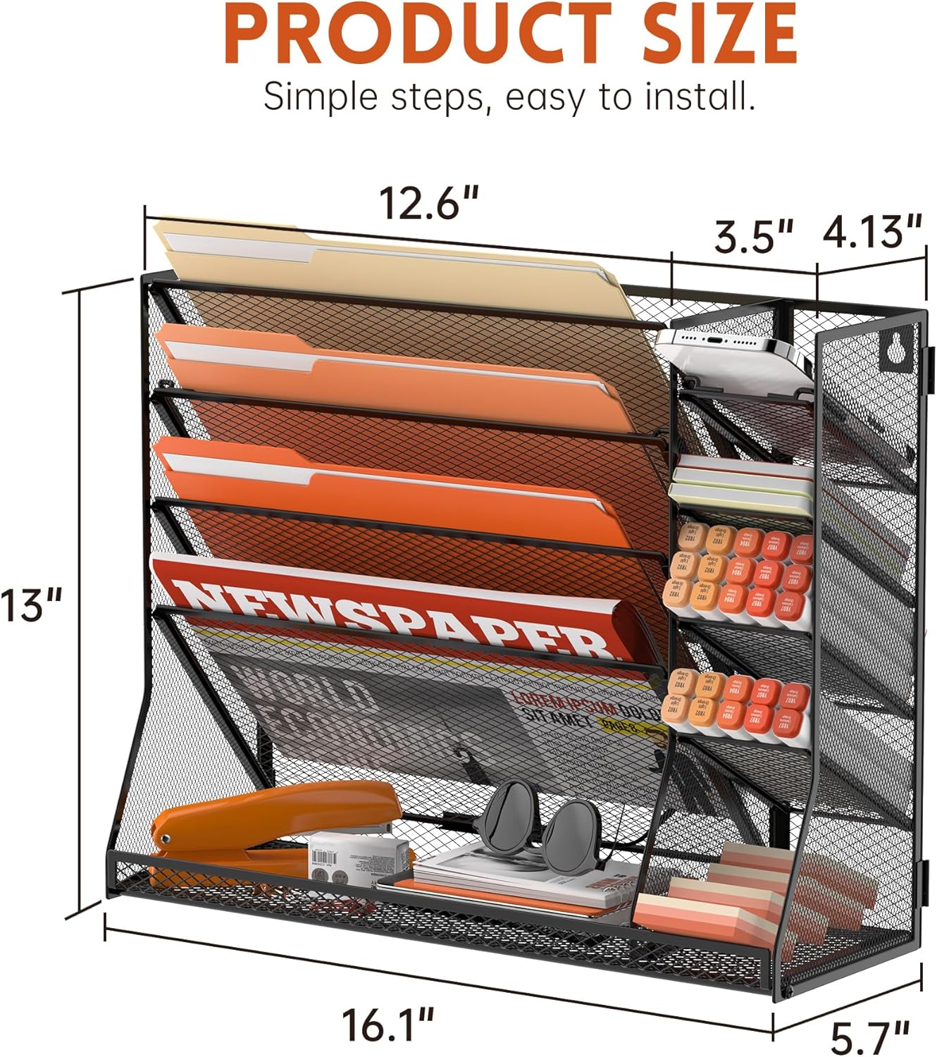 Wall File Organizer, 5-Tier Desk Organizer with 4 Pen Holders, Wall Organizer for Office with R-shaped Bottom Tray, Desk Organizers and Accessories for Office Supplies, Black