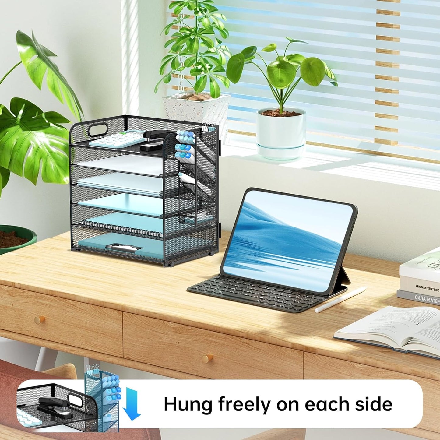6 Tier Paper Organizer with 4 Pen Holders, Mesh Desk Letter Tray with Handle, A4 File Folder Organizer, Black