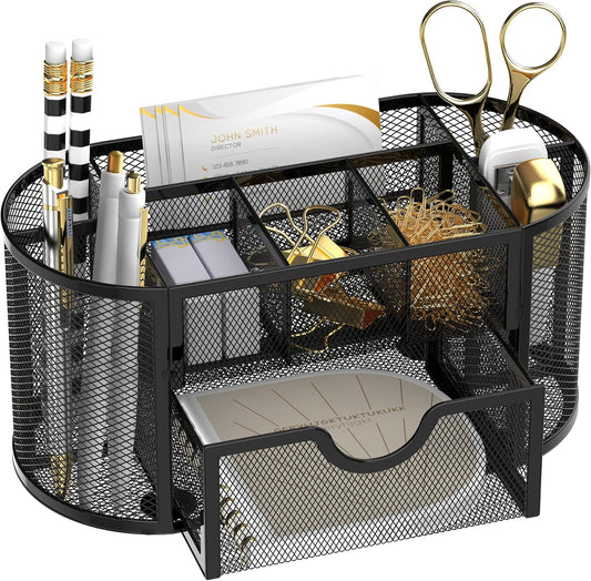 Mesh Desk Organizer, Desk Accessories &amp; Workspace Organizers with Drawers, Pencil Holder for Desk with 9 Compartments for Office Supplies, 8.6 x 4.3 x 4.1 Inch, Black
