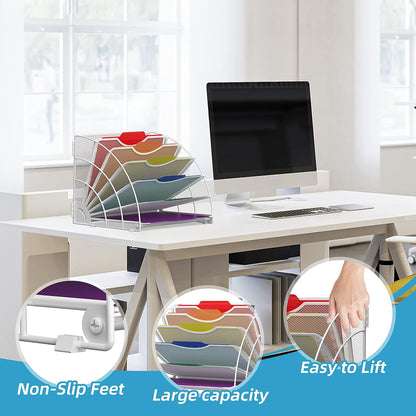 Fan Shaped Desk File Organizer, 6 Compartments for Filing Paper Bills, Letters, Desk Accessories for Workspace, School, Office, Waiting Room, Classroom Storage, White