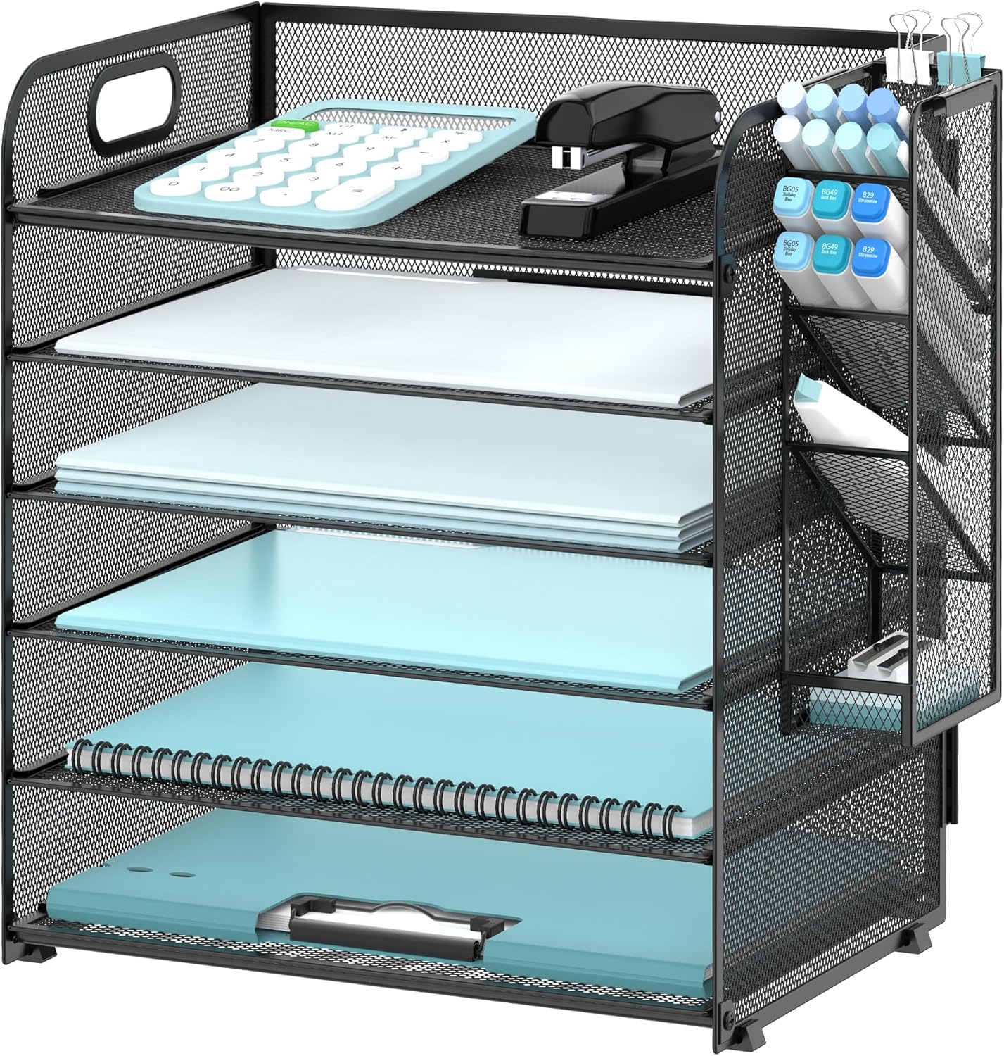 6 Tier Paper Organizer with 4 Pen Holders, Mesh Desk Letter Tray with Handle, A4 File Folder Organizer, Black