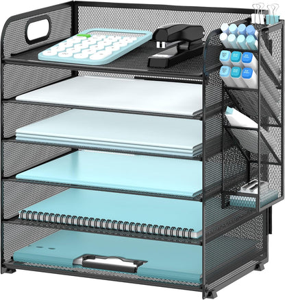 6 Tier Paper Organizer with 4 Pen Holders, Mesh Desk Letter Tray with Handle, A4 File Folder Organizer, Black