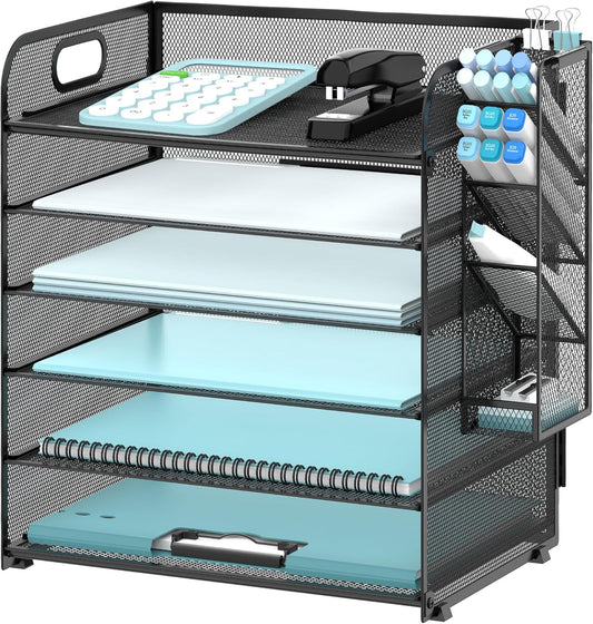 6 Tier Paper Organizer with 4 Pen Holders, Mesh Desk Letter Tray with Handle, A4 File Folder Organizer, Black