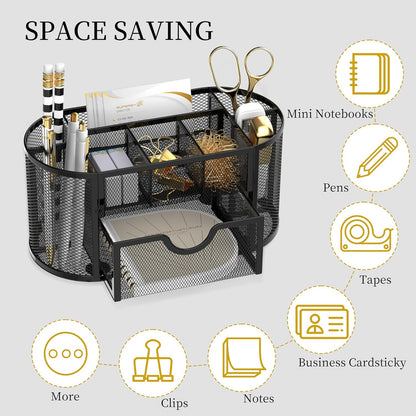 Mesh Desk Organizer, Desk Accessories &amp; Workspace Organizers with Drawers, Pencil Holder for Desk with 9 Compartments for Office Supplies, 8.6 x 4.3 x 4.1 Inch, Black