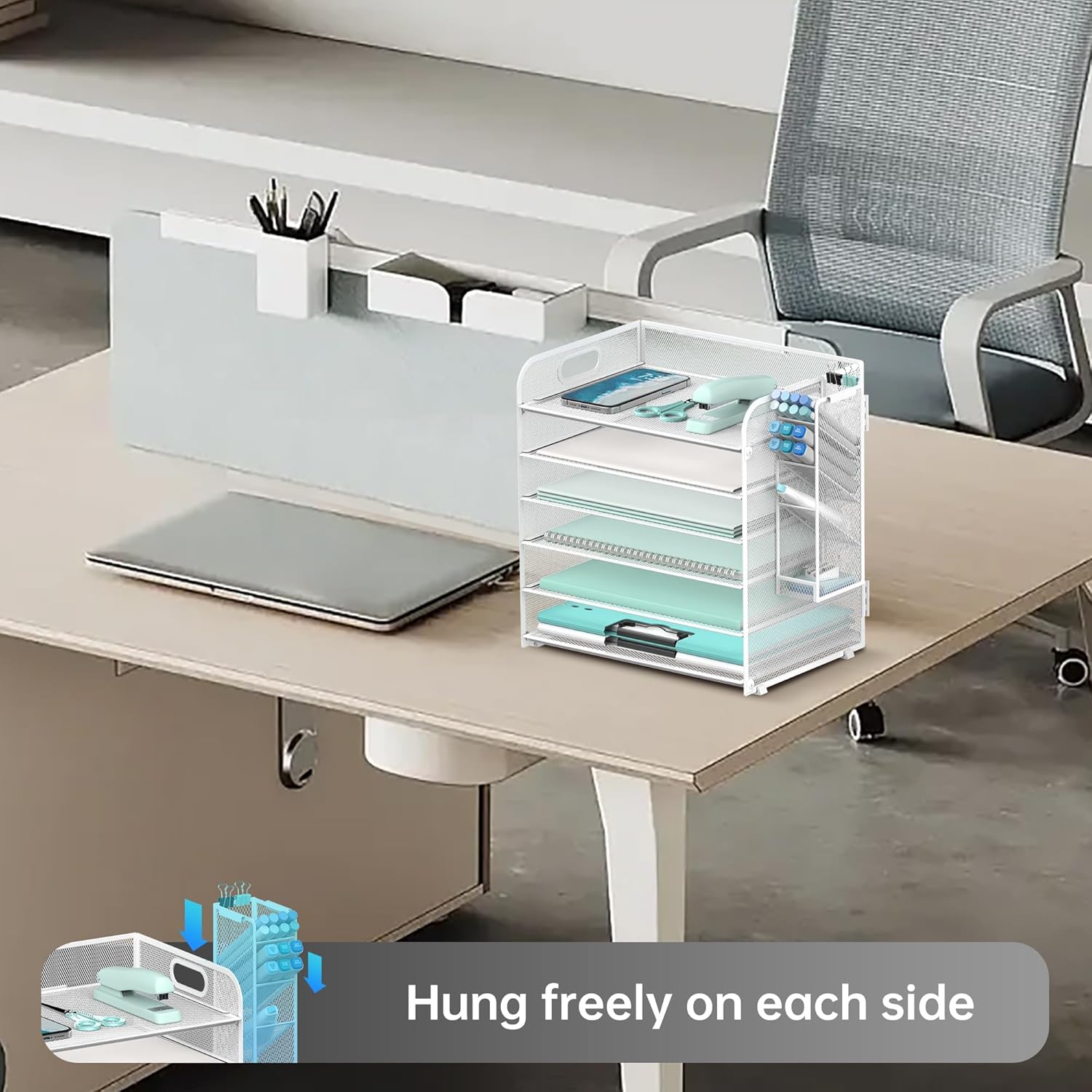 6 Tier Paper Organizer with 4 Pen Holders, Mesh Letter Tray with Handle, Paper Tray Organizer for A4 Files, White
