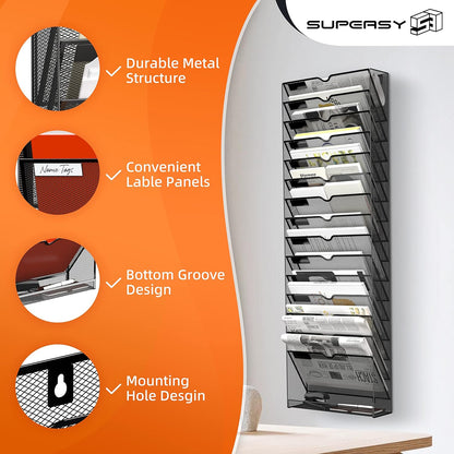 16-Tier Hanging Wall File Holder Organizer for Papers, Folders, Files Clipboard &amp; Magazine Organization Great for Office Home, Black